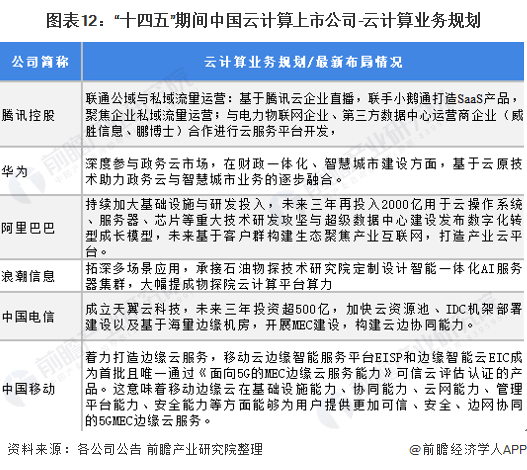 图表12：“十四五”期间中国云计算上市公司-云计算业务规划