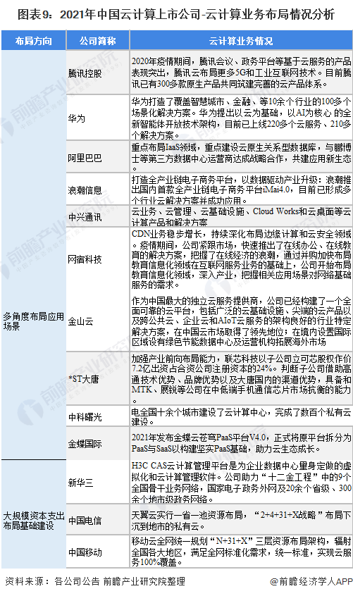 图表9：2021年中国云计算上市公司-云计算业务布局情况分析