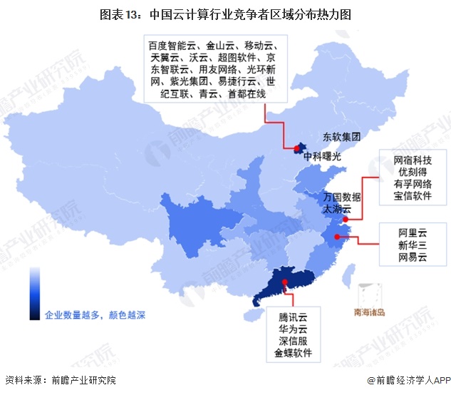 图表13：中国云计算行业竞争者区域分布热力图