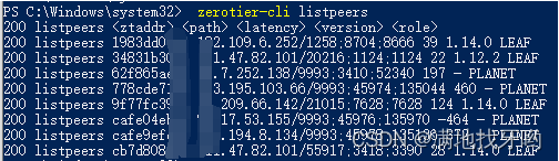 zerotier-cli listpeers