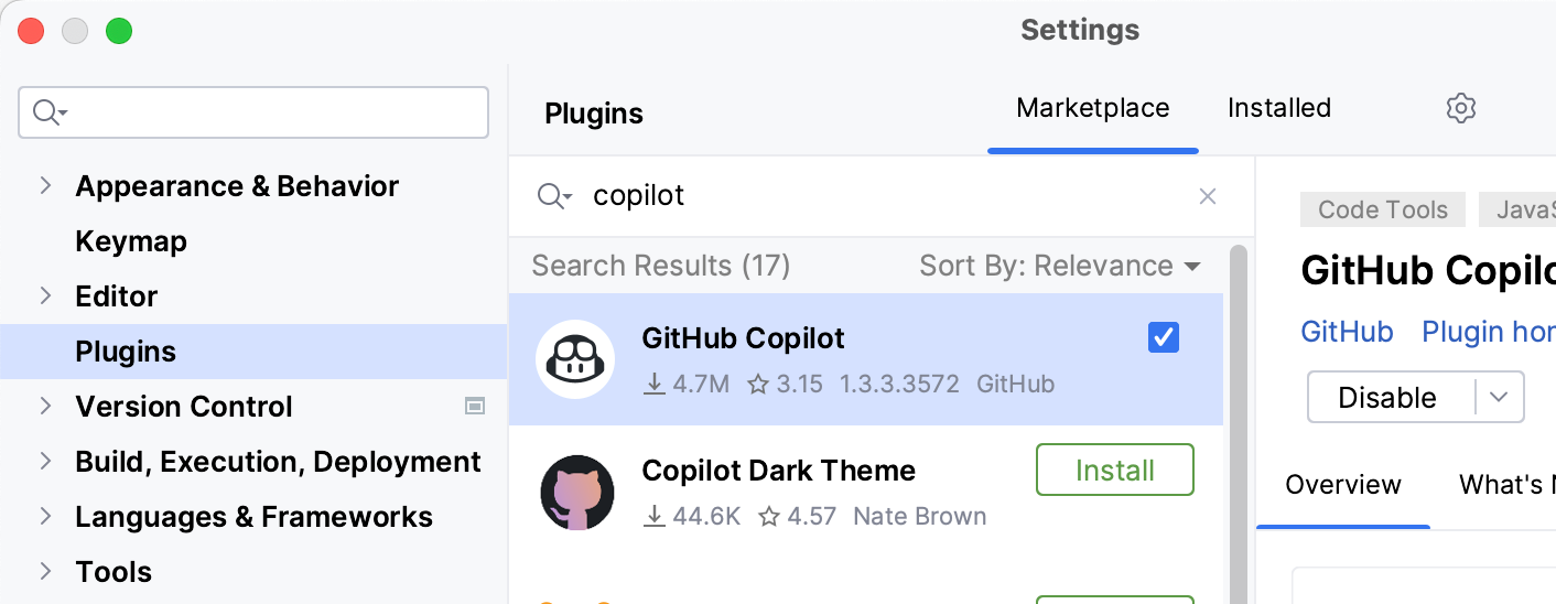 “设置”对话框中“市场”选项卡的屏幕截图。 将显示“GitHub Copilot”插件，其中包含选定的复选框。