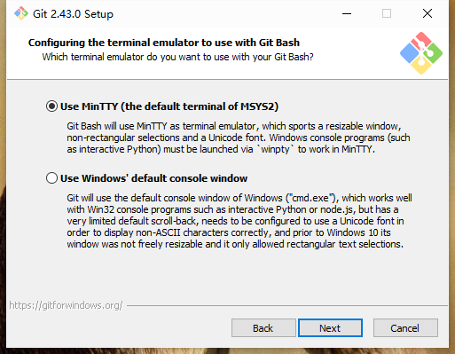 配置git命令运行终端（务必选择默认的第一个，系统自带的不好用），点击Next