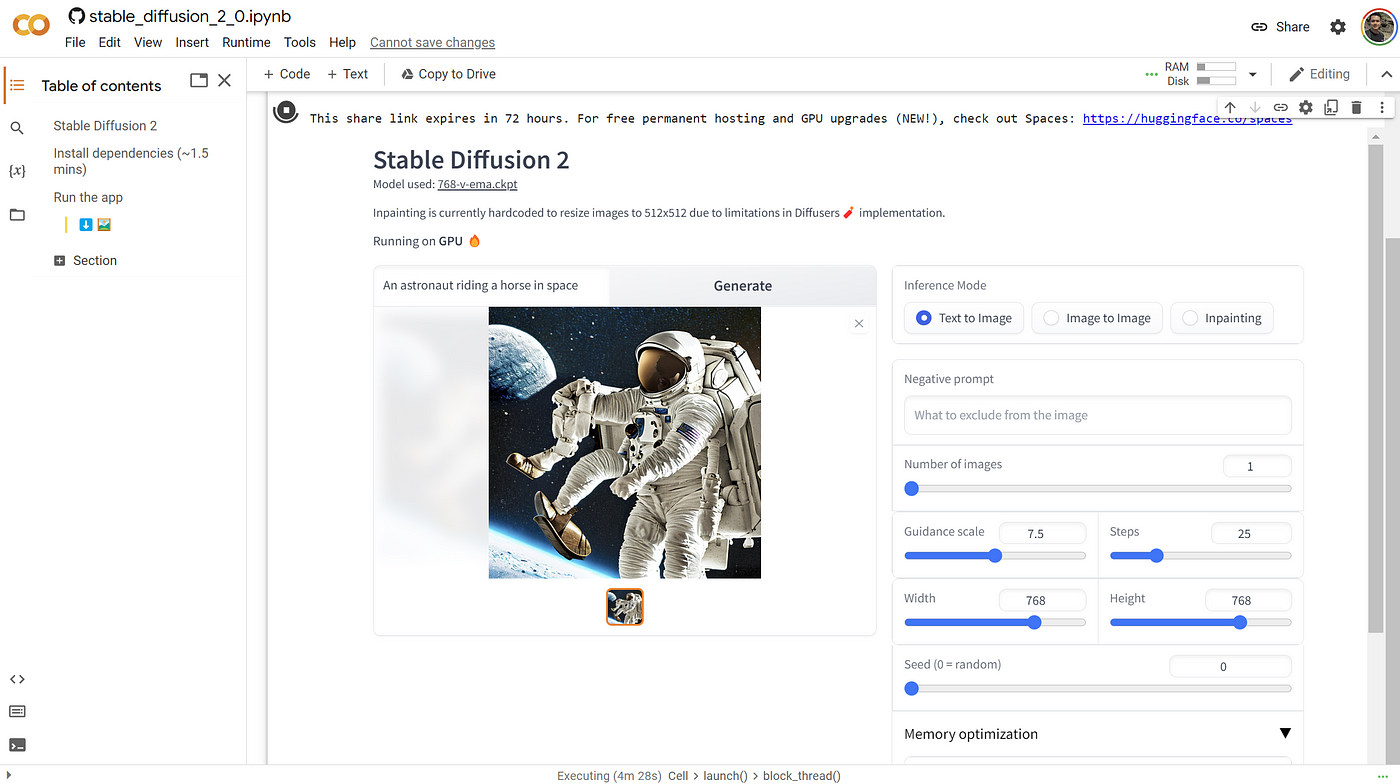 Google Colab notebook with Stable Diffusion 2.0