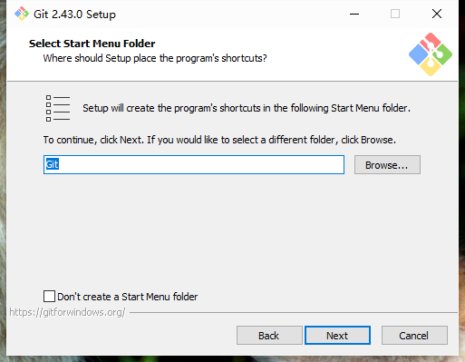 填写开始菜单文件夹名字（建议使用Git），点击Next